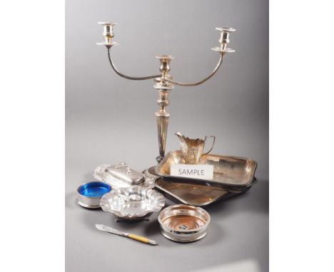 A silver plated two-branch three-light candelabra, 20" high, a two-handled tray with engraved leaf decoration, 26" wide, entr