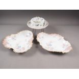 A Meissen caviar dish and cover with bird and insect decoration, 8" dia (restored), and two