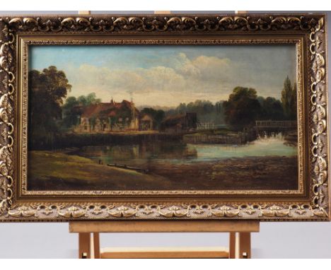 R Allan: oil on canvas, the Swan at Pangbourne, 9 1/2" x 17", in gilt frameCondition:Old repair to the back, in need of a goo