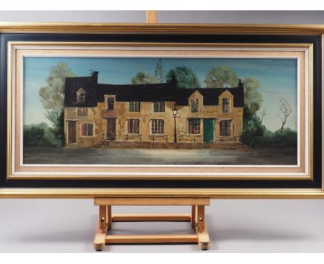 Deborah Jones: oil on board, "Sweep in the Village", 11 1/4" x 29 1/4", in a gilt and ebonised frame 