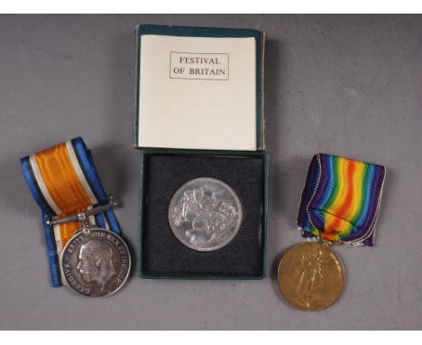 A WWI medal pair to 60872 PTE S Jones Monmouth R, and a Festival of Britain crown 