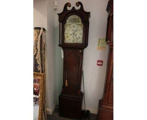 A late Georgian provincial oak long case clock with painted arch top dial and eight-day striking movement, 81" high 