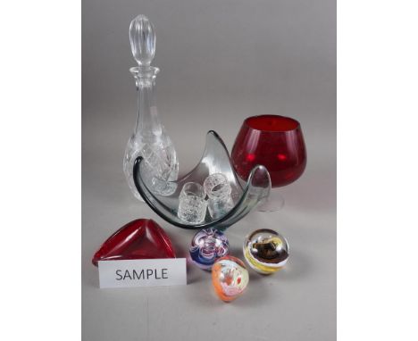 Three Selkirk glass paperweights, two decanters,&nbsp;a selection of Poole pottery, including a teapot, two cameo ware coffee
