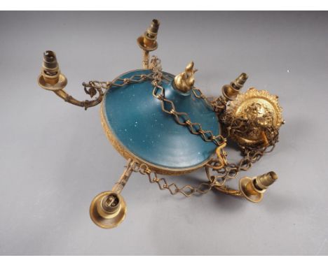 A gilt metal and green painted five-light ceiling pendantCondition:No visible issues, be aware the wiring is old "silk" cover