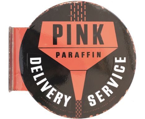 Enamel advertising sign PINK PARAFFIN DELIVERY SERVICE, double sided with mounting flange. Measures 16in x 15in and is in exc