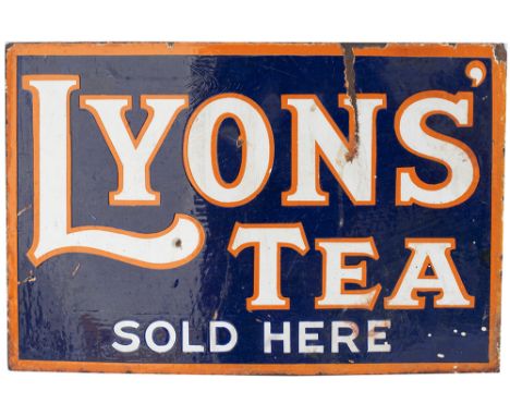 Advertising enamel sign LYONS TEA SOLD HERE, double sided with original mounting flange. Measures 18in x 12in and is in good 