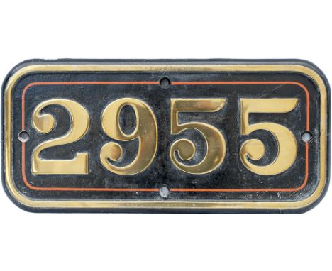 GWR brass cabside numberplate 2955 ex Churchward Saint 4-6-0 2955. Stamped in the rim with boiler and engine class, face rest