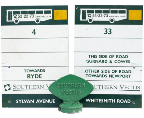 Bus stop sign post top SOUTHERN VECTIS in the shape of the Isle Of Wight, cast aluminium measuring 8in x 7in. Together with t