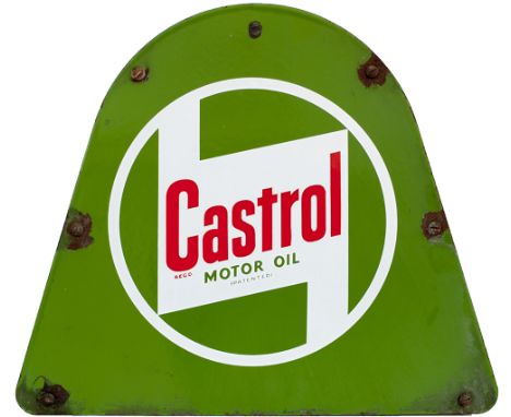 Enamel motoring advertising sign CASTROL MOTOR OIL. Measures 17in x 14in and is in good condition with chipping around some o