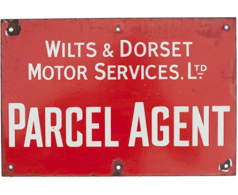 Bus motoring advertising enamel sign WILTS & DORSET MOTOR SERVICES LTD PARCEL AGENT. Measures 15in x 10in and is in good cond
