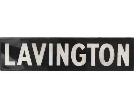 GWR enamel lamp tablet LAVINGTON, white on black enamel, with original backing board. Measures 24in x 6in and is in excellent