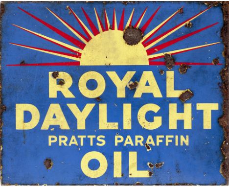 Enamel advertising sign ROYAL DAYLIGHT PRATTS PARAFFIN OIL, double sided with original mounting flange. Measures in x in and 