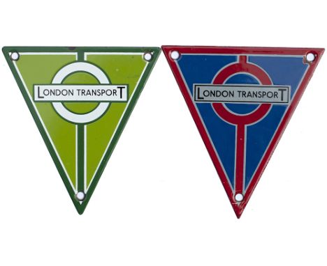 London Transport bus enamel radiator plates, a pair; one green and the other red. Both measure 6in x 5.75in and are in excell