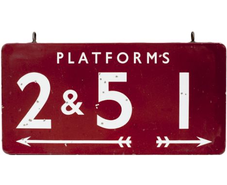 BR(M) FF double sided enamel platform hanging sign; one side PLATFORM 2 & 5 1 and the other WAY OUT. Complete with original h