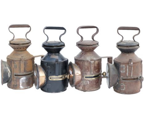GER/LNER 3 aspect sliding knob handlamps x4: one dated 1929 missing coloured glasses; one GER 1909 with cracked front glass a