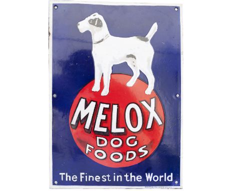 Advertising semi pictorial enamel sign MELOX DOG FOODS THE FINEST IN THE WORLD. In good condition with some expert restoratio