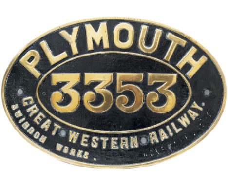 GWR combined nameplate and numberplate PLYMOUTH 3353 GREAT WESTERN RAILWAY SWINDON WORKS ex Dean Bulldog 4-4-0 built at Swind