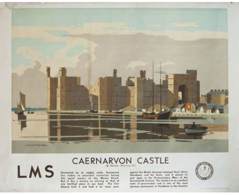 Poster LMS CAERNARVON CASTLE by Norman Wilkinson PRI. Quad Royal 40in x 50in. In good condition with some repairs to top edge