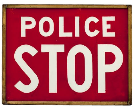 Motoring road sign POLICE STOP, brass framed with glass panels. Measures 12.5in x 10in and is in excellent condition. These w