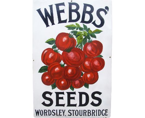 Advertising enamel sign WEBBS' SEEDS WORDSLEY STOURBRIDGE. Pictorial image of Tomatoes, measures 36in x 24in and is in very g