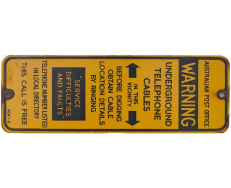 Advertising enamel sign AUSTRALIAN POST OFFICE WARNING UNDERGROUND TELEPHONE CABLES etc. Measures 12in x 4in and is in excell