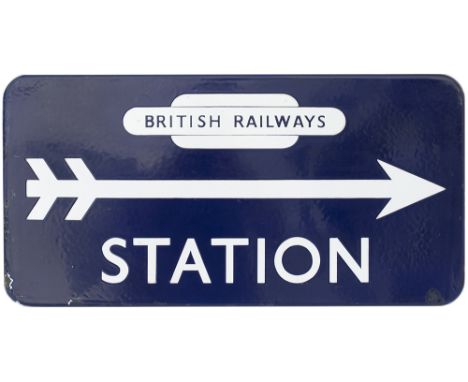 BR(E) enamel direction sign STATION with BRITISH RAILWAYS in totem and right facing arrow. Measures 21in x 10.5in and is in v