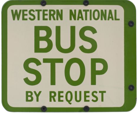Bus motoring enamel sign WESTERN NATIONAL BUS STOP BY REQUEST measuring 12.75in x 10.5in. In virtually mint condition complet