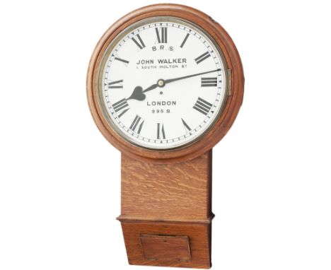 LBSCR 18in oak cased drop dial chisel bottom chain driven fusee railway clock. The oak chisel bottom case has one side door a