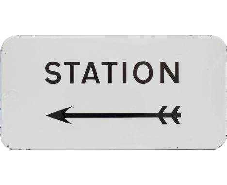 BR enamel direction sign STATION with left facing arrow measuring 21in x 10in. Black on white enamel with modified Gill sans 