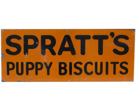 Enamel advertising sign SPRATT'S PUPPY BISCUITS. Measures 30in x 12in and is in good condition with some minor chipping.