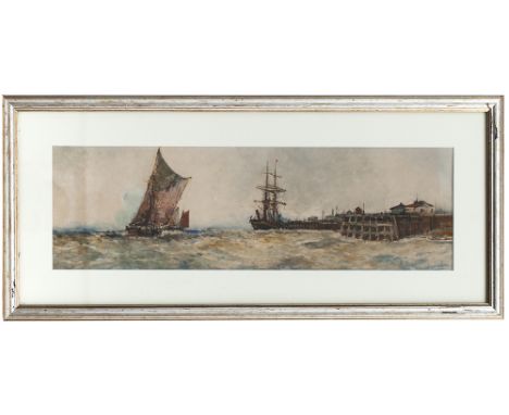Original watercolour of a Seascape with Pier by Frank H Mason. Similar landscape format to Mason's carriage print artworks. S