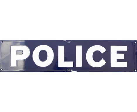 Enamel road street sign POLICE measuring 26in x 6in. In very good condition with some chipping around the middle screw holes.