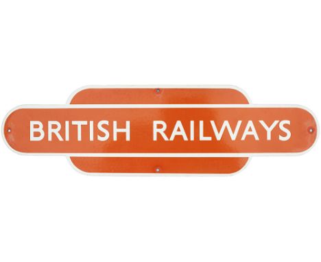 BR(NE) enamel totem shaped poster board heading BRITISH RAILWAYS, light tangerine measuring 20.5in x 6in. In very good condit