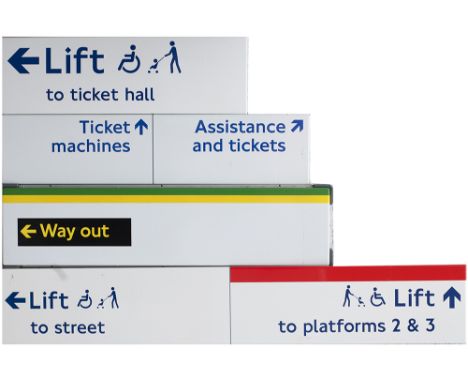 London Transport FF enamel signs x4  to include: LIFT TO TICKET HALL, 32in x 10in; TICKET MACHINES ASSISTANCE AND TICKETS, 39