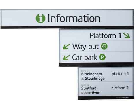 London Midland enamel signs x3 to include: TRAINS TO BIRMINGHAM & STOURBRIDGE PLATFORM 1 TRAINS TO STRATFORD UPON AVON PLATFO