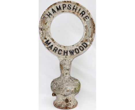Road sign cast iron post top HAMPSHIRE MARCHWOOD. In original condition complete with mounting. Measures 23in tall.