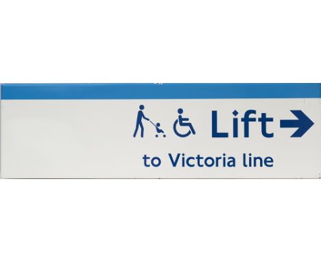 London Transport FF enamel sign LIFT TO VICTORIA LINE. Measures 39in x 12in and is in very good condition.