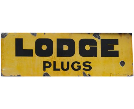 Enamel motoring advertising sign LODGE PLUGS. Measures 36in x 12in and is in good condition with some chipping. Marked at the