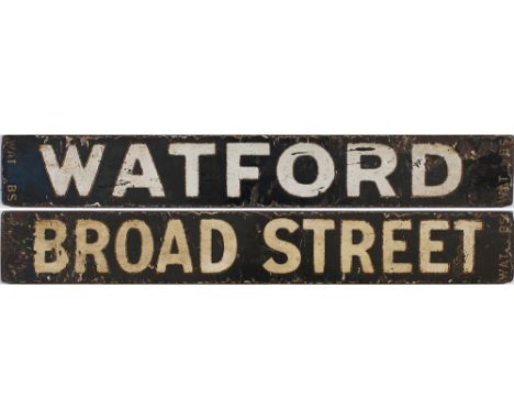 LMS/LNWR enamel destination board WATFORD-BROAD STREET as used on the LMS/LNWR electric suburban stock. Measures 28.25in x 4i
