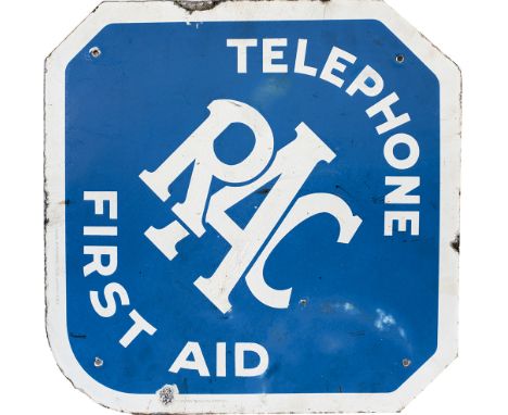 Enamel motoring road sign TELEPHONE RAC FIRST AID. Measures 22in x 22in and is in good condition with a slight loss of shine.
