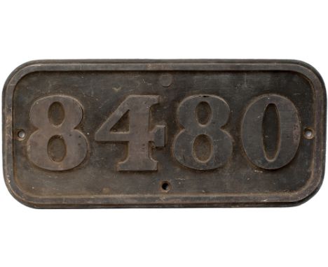 BR-W brass cabside numberplate 8480 ex Hawksworth 0-6-0 PT built by Robert Stephenson & Hawthorn Ltd. New to 85A Worcester in