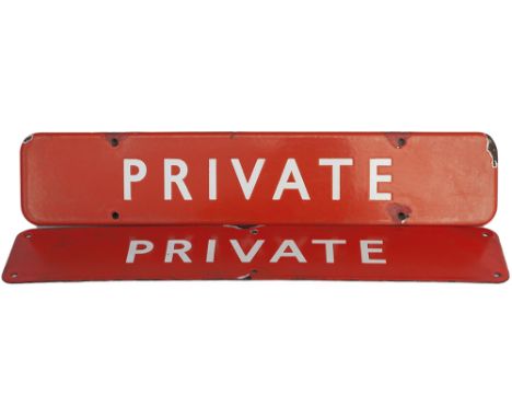 BR(NE) enamel doorplate PRIVATE, a pair, one fully flanged and the other flat.  Both measure 18in x 3.5in. and are in good co