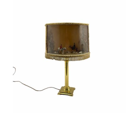 20th century brass lamp and shade with Hunting scene diorama by Peter Barry Studios, H59cm overall 