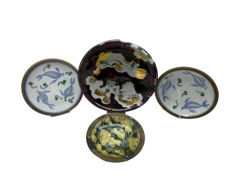 Archie McCall (Scottish 1951-): ceramic bowl with gilt decoration D29.5cm, pair of stoneware bowls painted with fish and a St