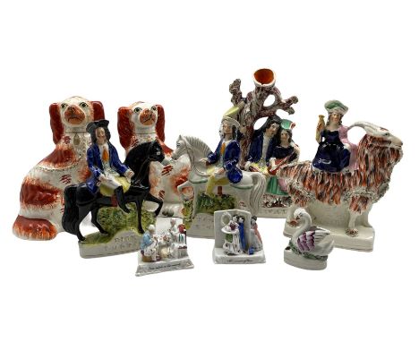 Group of Victorian Staffordshire figures including Tom King and Dick Turpin, 'The Rival' flatback group, pair of Spaniels, Sw