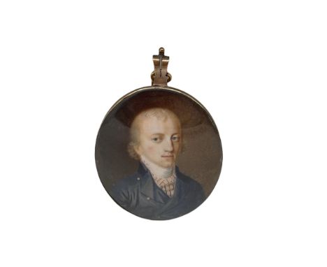 19th century miniature oval head and shoulders portrait on ivory of a gentleman, label verso inscribed 'Beaumont' in gilt met