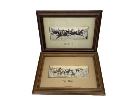 Pair of Stevengraph woven silk pictures 'The Start' and 'The Meet' one with the trade label of Thomas Stevens to the reverse 