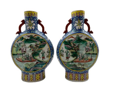 Pair of late 19th/ early 20th century Chinese Famille Verte pilgrim flasks/ vases, both having two panels depicting scenes of