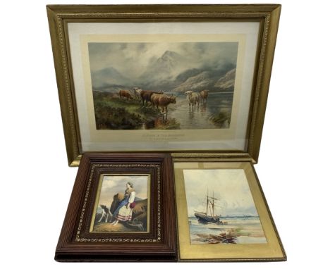 Edith Roe (British 19th/20th century): Beached Ship with Figures, watercolour signed and dated 1900 together with After Henry