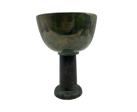 Peter Moss (British 1940-): 'Chalice' green glazed bowl on patinated bronze stem c2010, labelled PMSZ H23cm 
